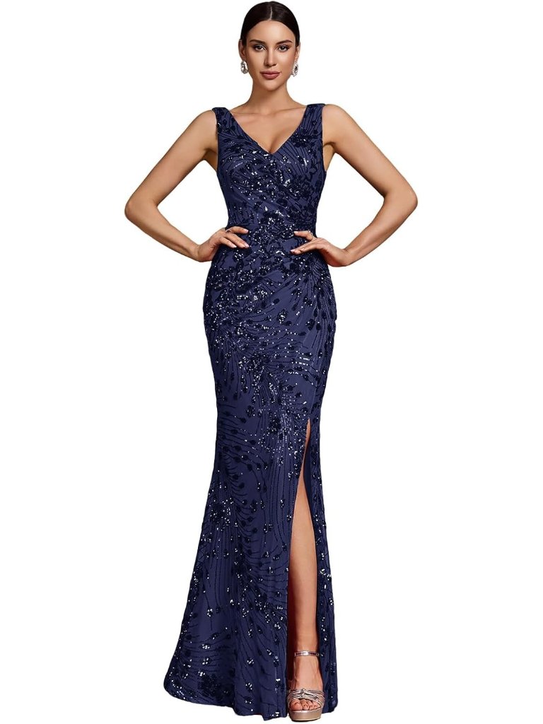 Women's Navy Blue V Neck Slit Design Stretchy Fitted Elegant Long Sequin Dress